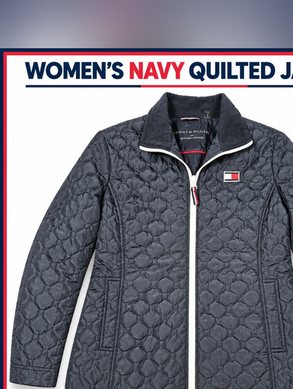 Tommy Hilfiger Women's Navy Quilted Puffer Jacket with White Zip Trim
